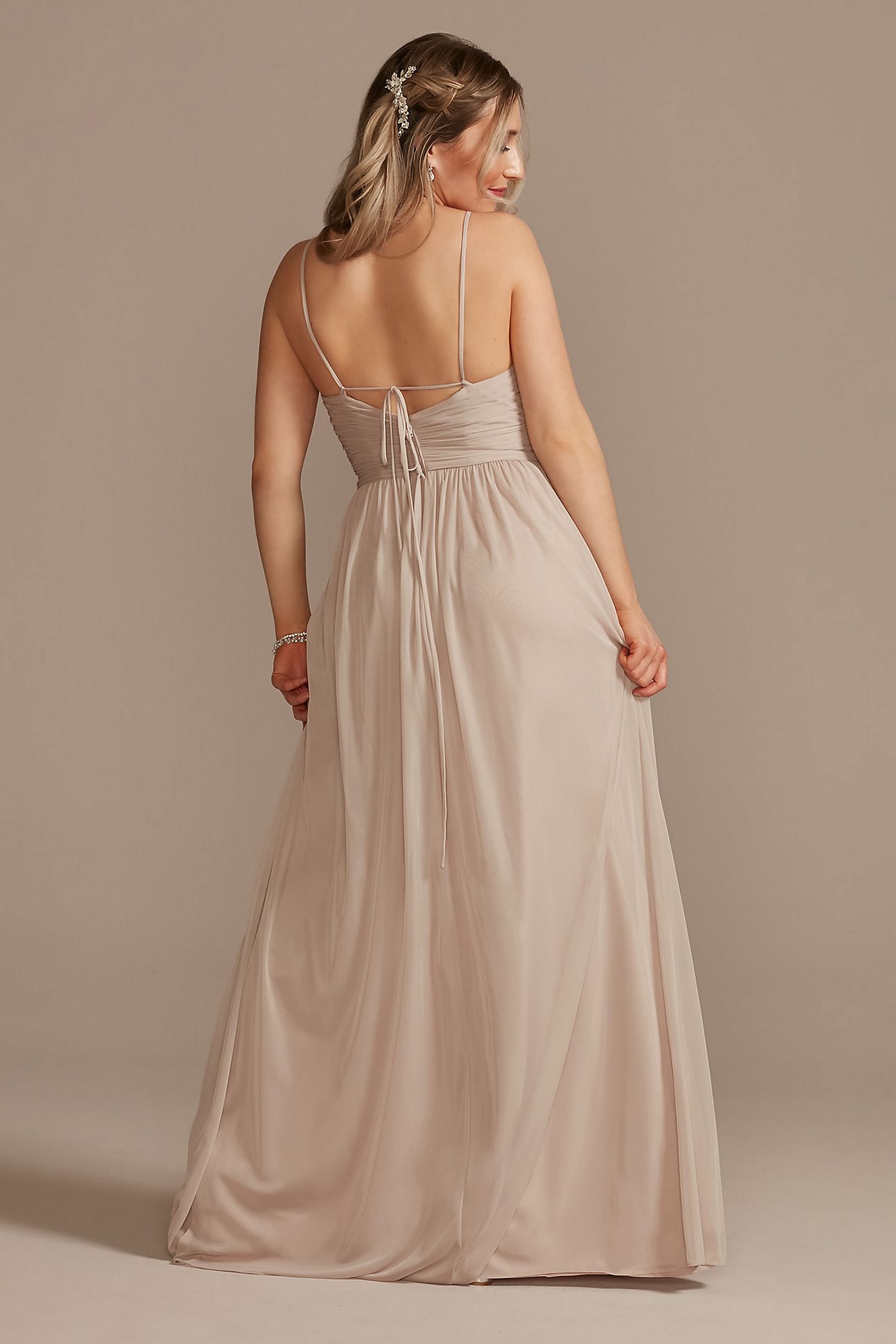 Long Mesh Bridesmaid Dress with Lace-Up Back F20370