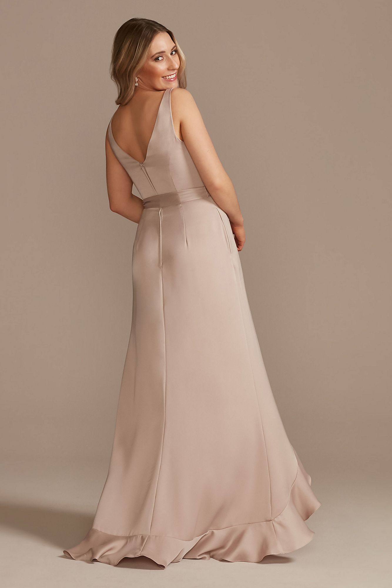 Crepe Satin Ruffle High-Low Bridesmaid Dress F20378