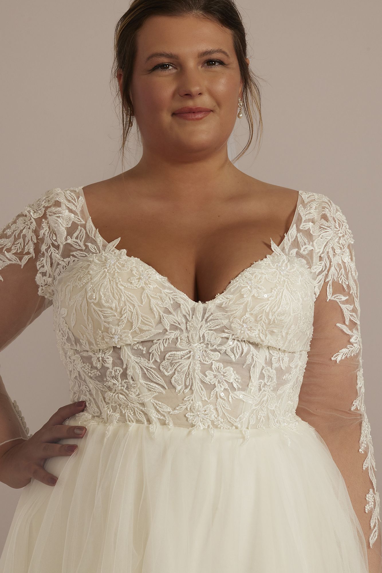 Sheer Bodice Long Sleeve Tall Plus Wedding Dress DB Studio 4XL9SLWG4036