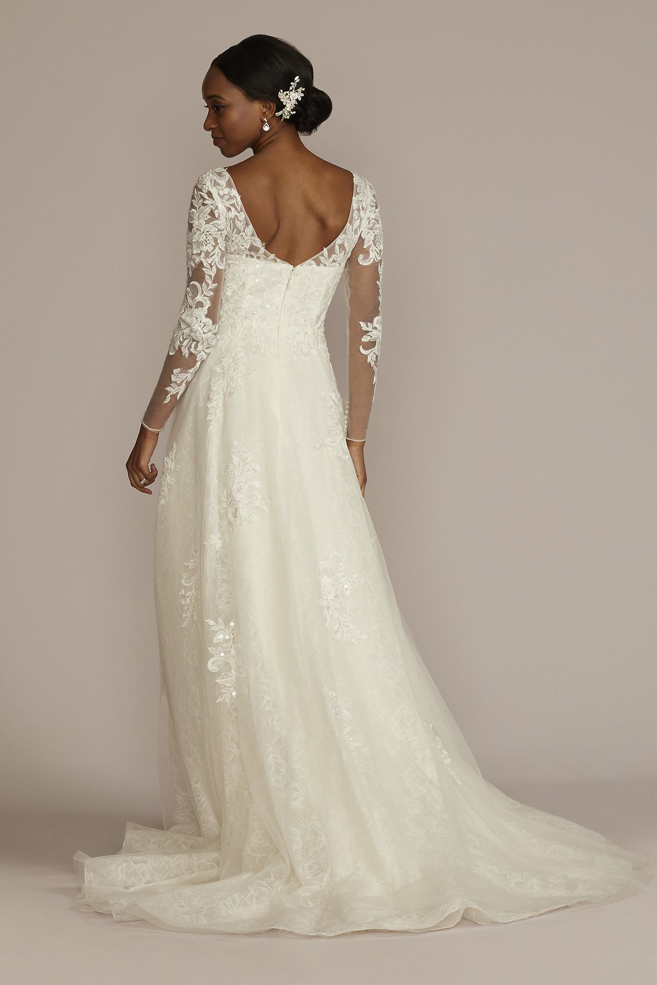High Neck Long Sleeve Illusion Tall Wedding Dress Oleg Cassini 4XLCWG930