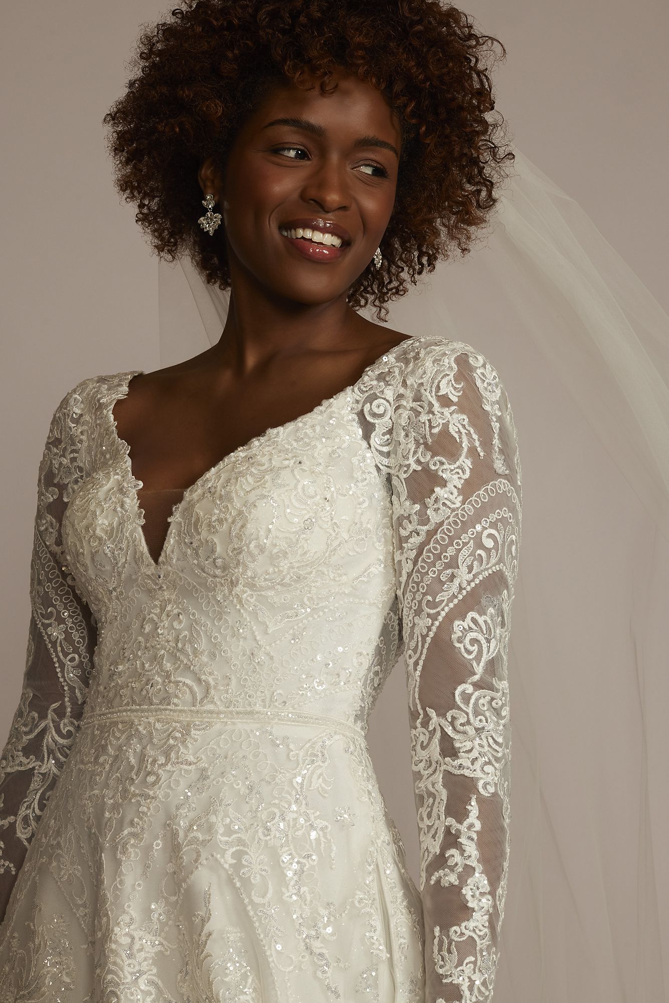Lace Applique Long Sleeve Petite Wedding Dress Oleg Cassini 7SLCWG905