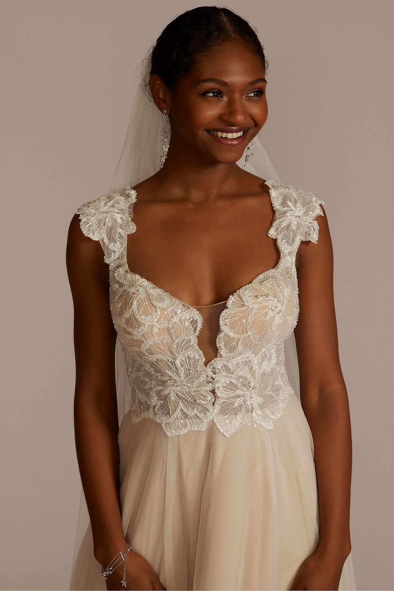 Floral Applique Cap Sleeve Petite Wedding Gown DB Studio 7WG4065