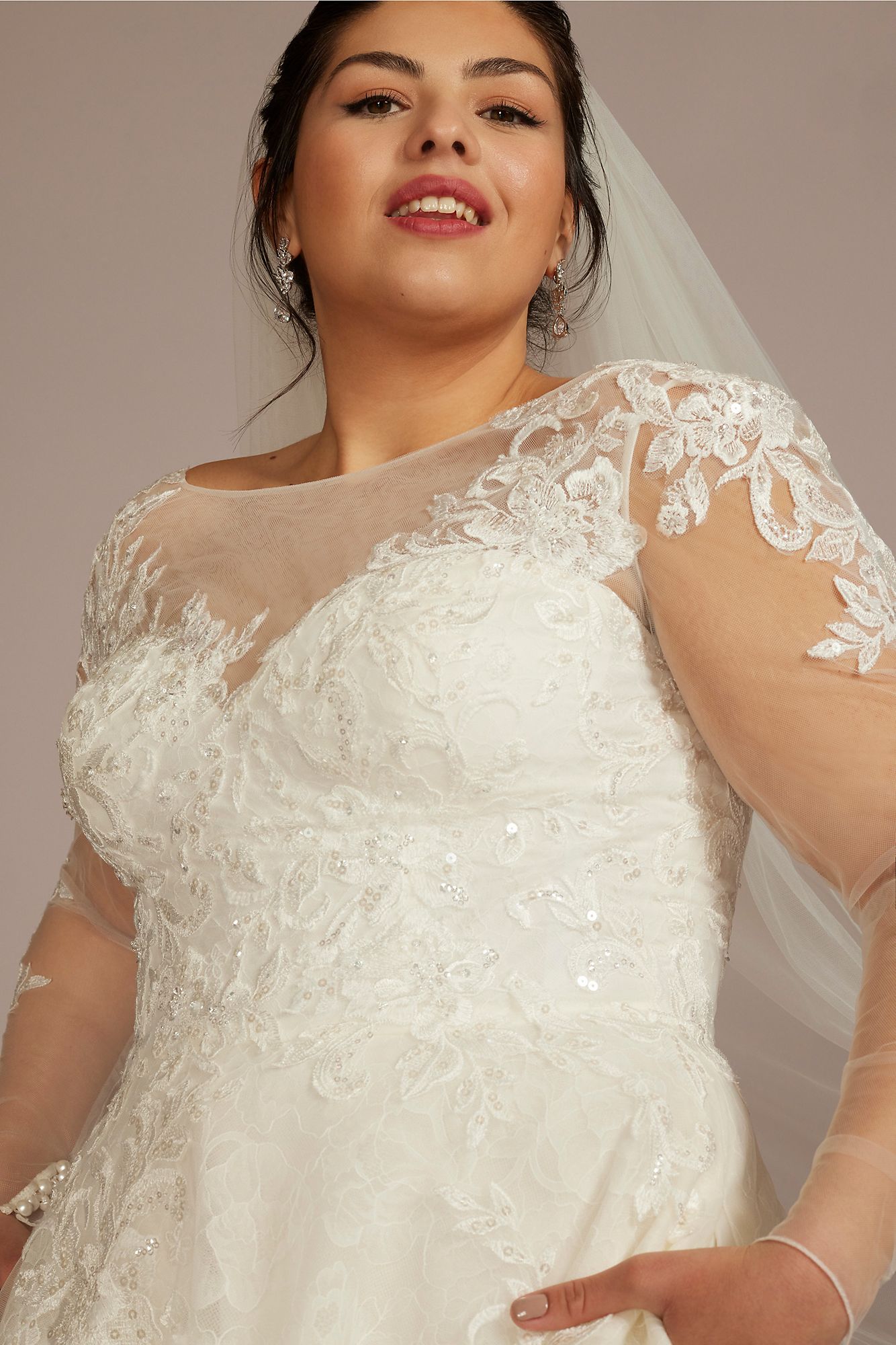 High Neck Long Sleeve Plus Size Wedding Dress Oleg Cassini 8CWG930