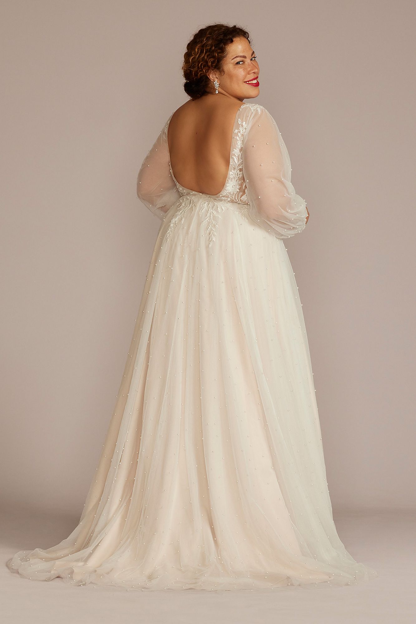 Long Sleeve Pearl Tulle Low Back Plus Wedding Gown Oleg Cassini 8SLCWG889