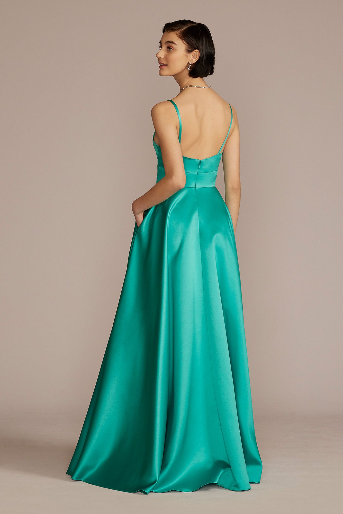 V-Neck Satin A-Line Gown with Corset Bodice Jules and Cleo D24NY22012