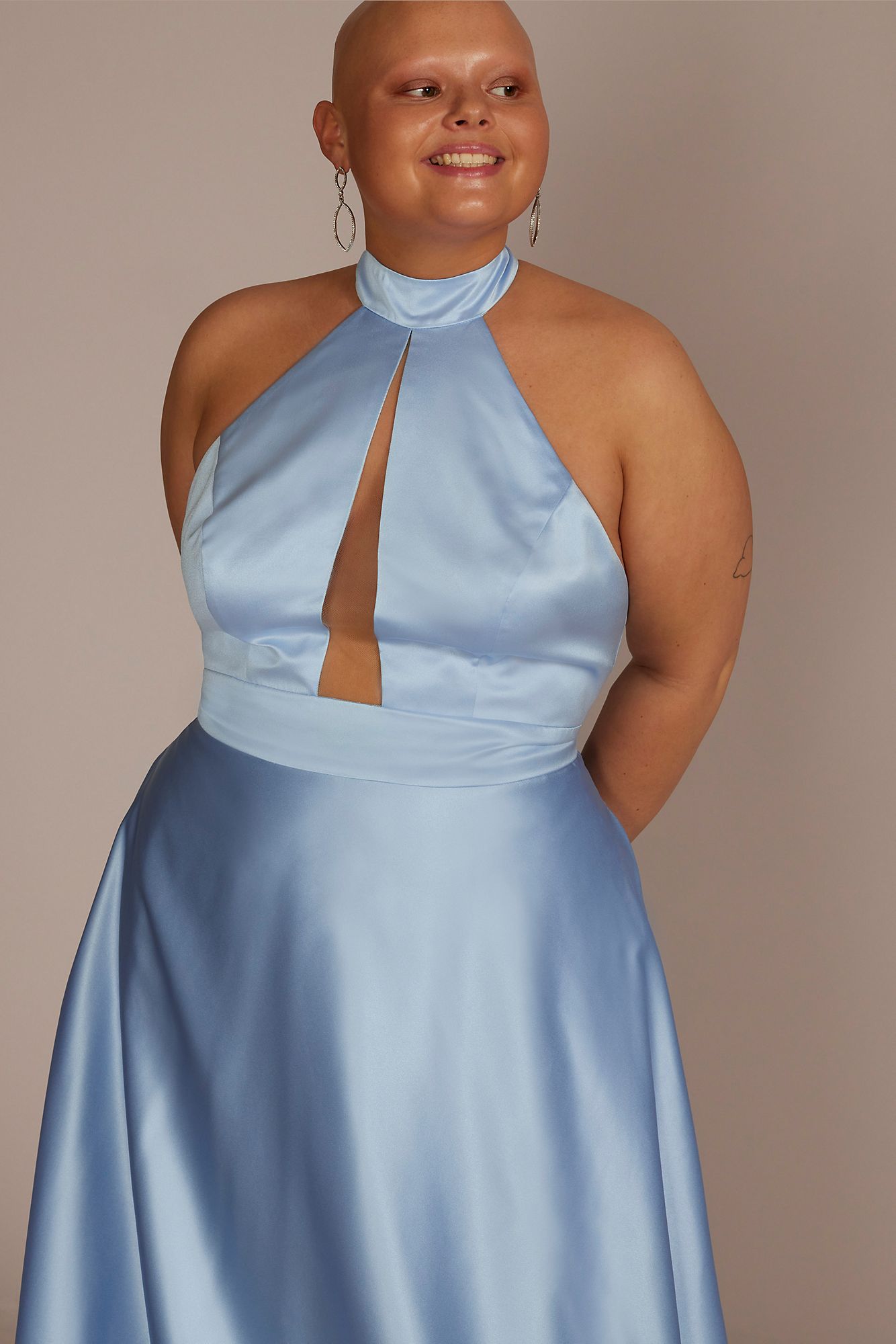 Plus Size Satin Halter A-Line with Bodice Cutout Jules and Cleo D24NY22085V2W