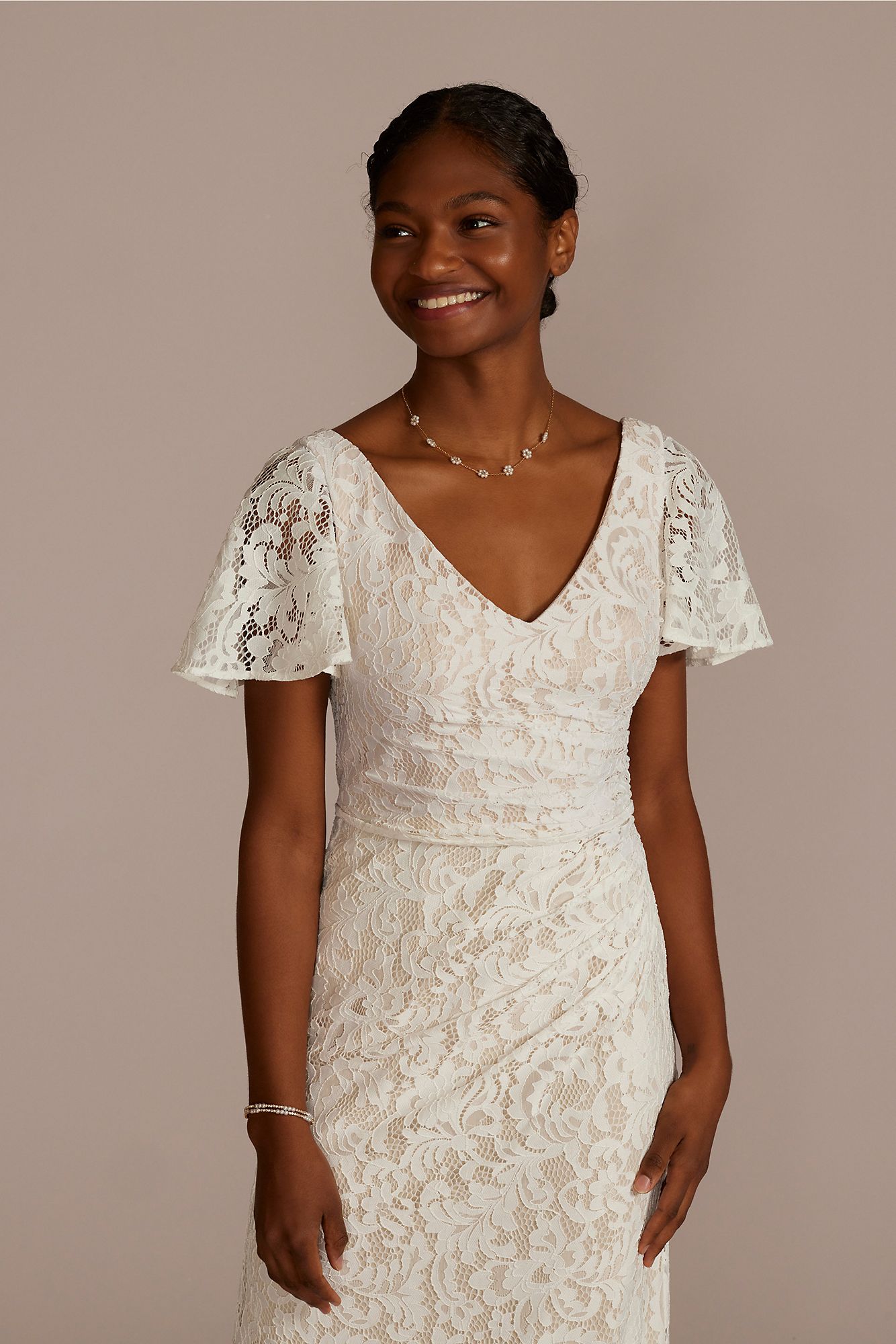 Lace Flutter Sleeve Draped Sheath Wedding Gown DB Studio SDWG1054