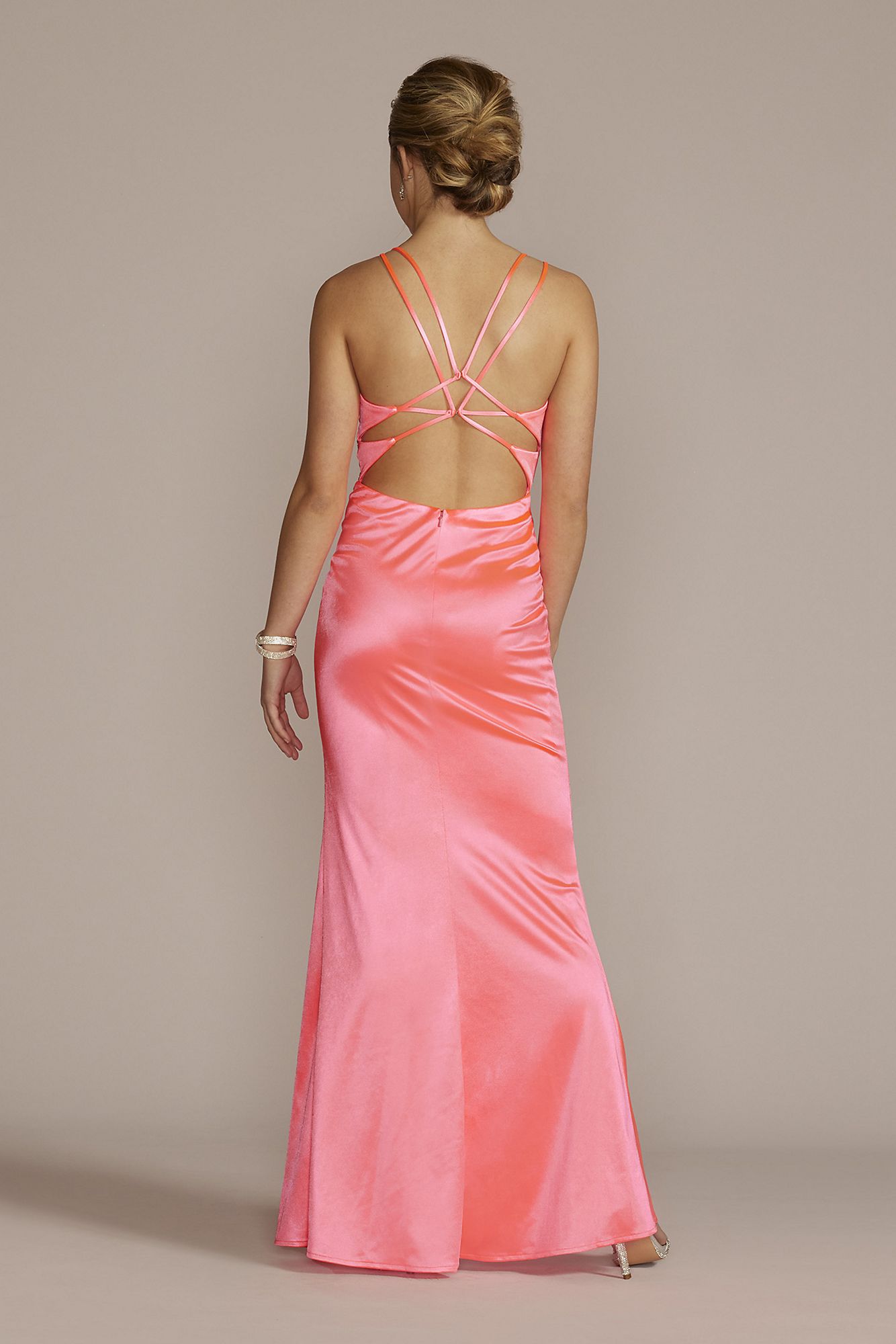 Plunge Stretch Satin A-Line with Embellished Waist Jules and Cleo WBM2949