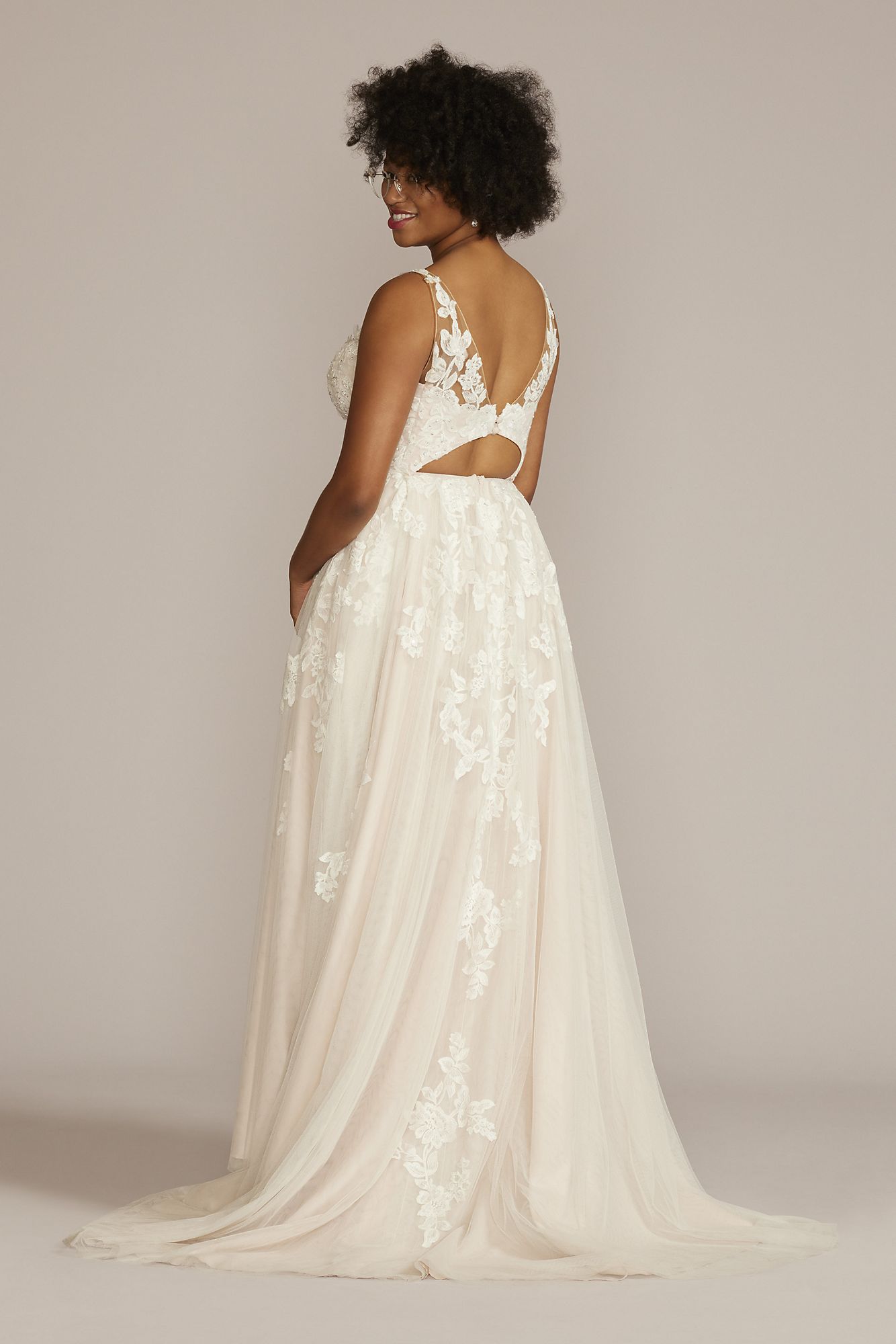 Illusion Plunge V-Neck Lace Plus Size Wedding Gown Oleg Cassini 8CWG924