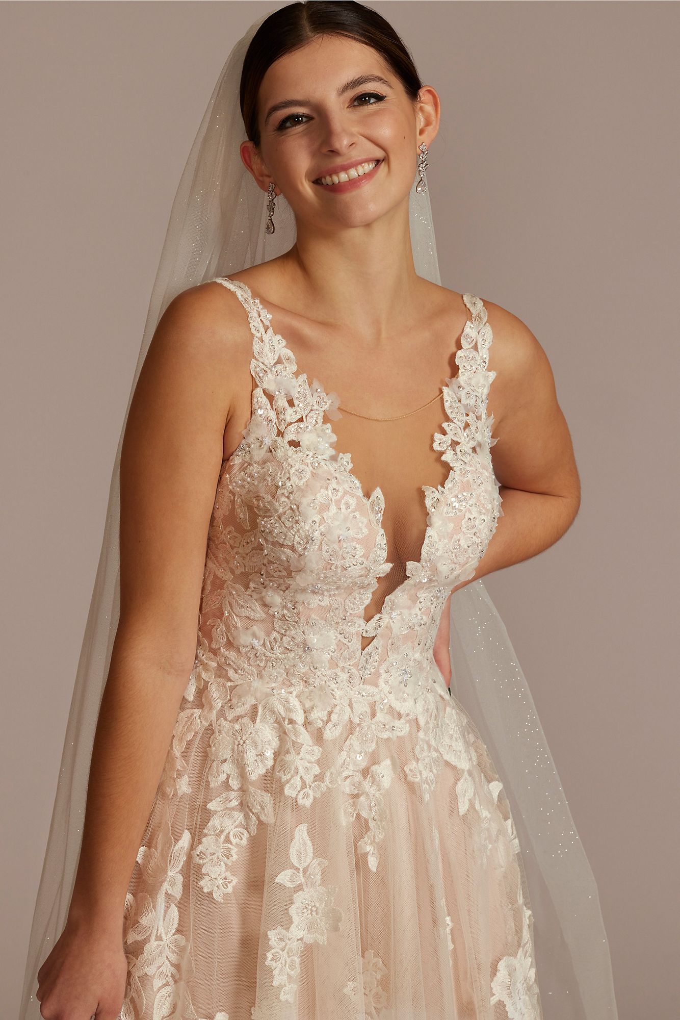 Illusion Plunge V-Neck Lace Wedding Gown Oleg Cassini CWG924