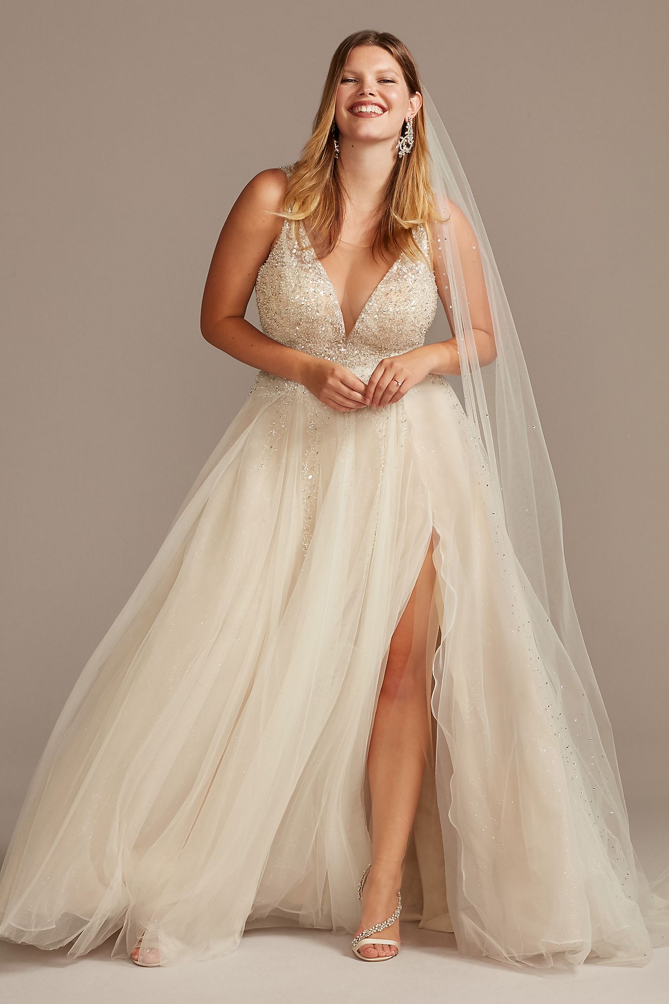 Plus Size Tall 9SWG837 Style Beaded Plunging-V Illusion Bridal Gown