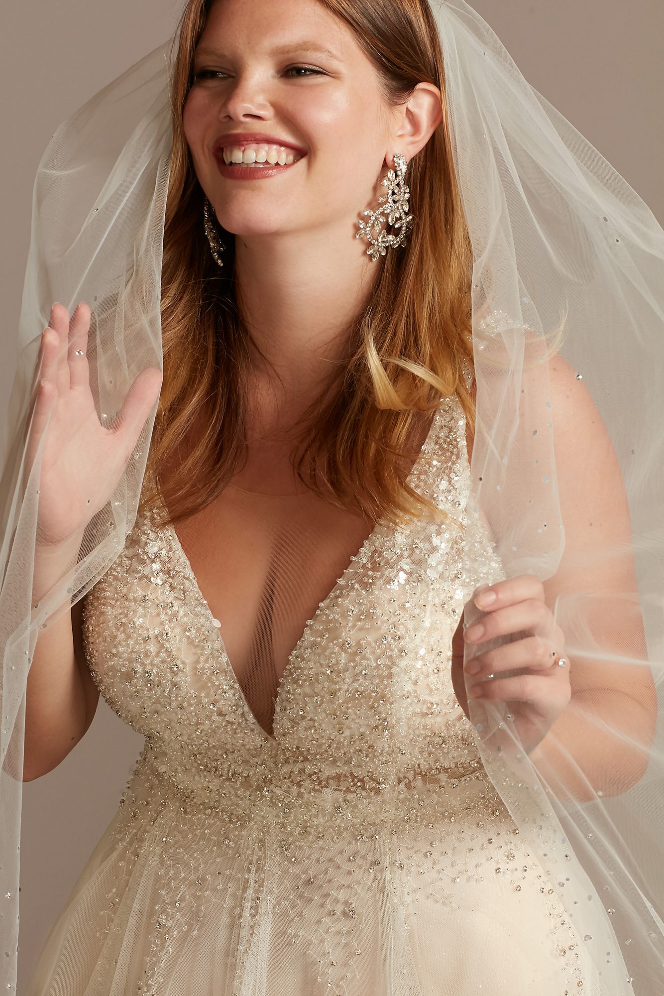 Sexy Plus Size 9SWG837 Beaded Plunging-V Illusion Wedding Dress