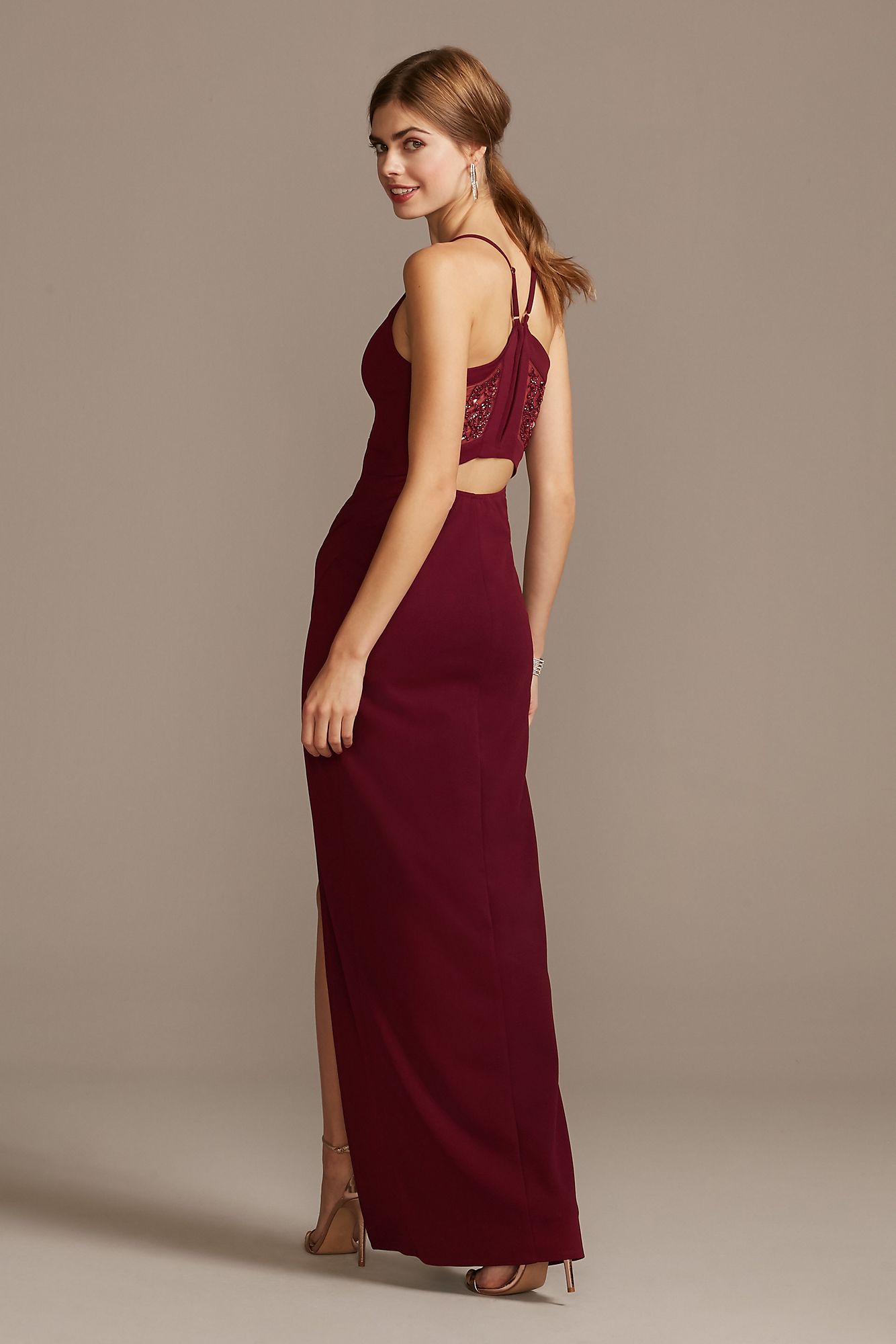 Plunging-V Beaded Illusion Back ABL3405318 Gown with Slit