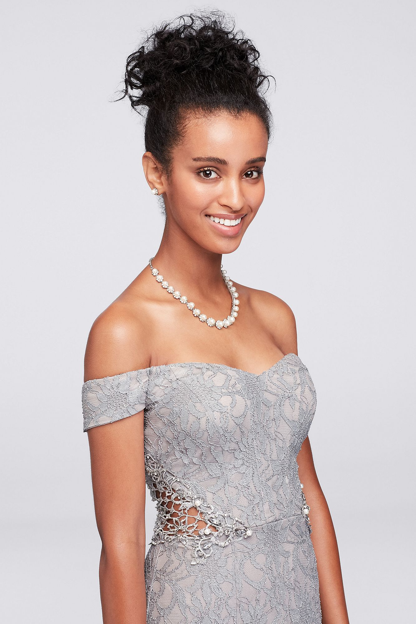 Lace Off-The-Shoulder Gown with Beaded Sides 3622HN7B