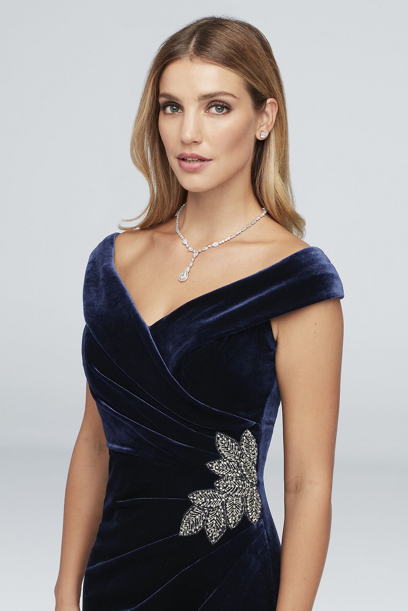 Off-the-Shoulder Velvet Gown with Beaded Detail 8191770