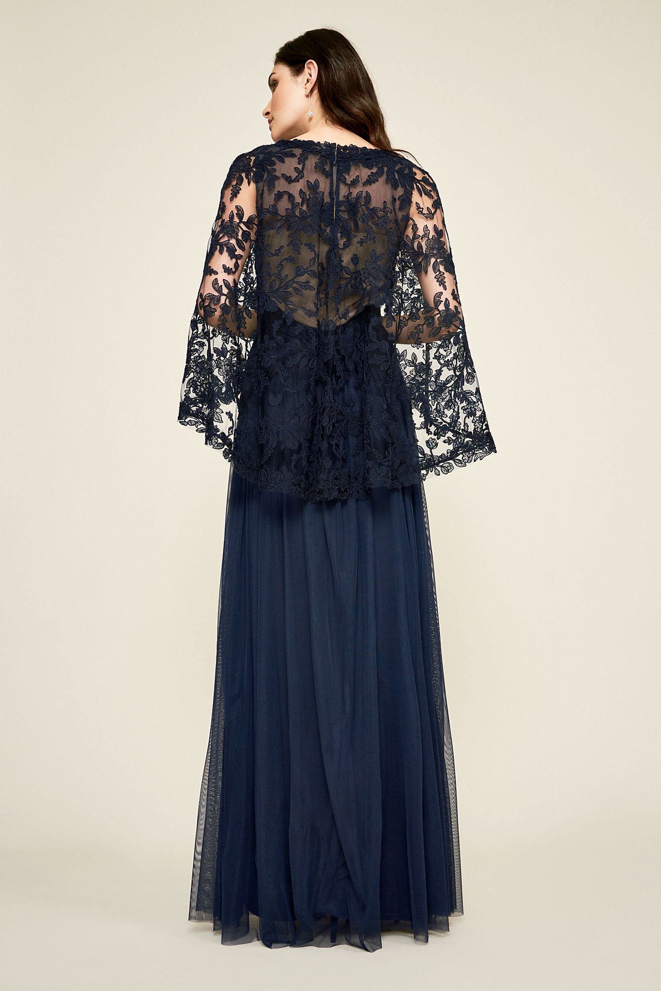 Corded Tulle Dress with Sheer Cape Overlay BDH18390L