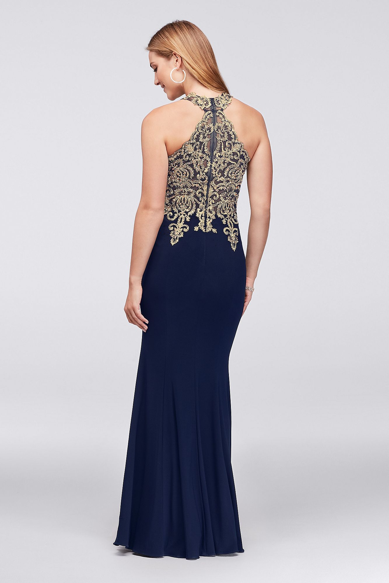Metallic Lace and Jersey Round Neck Halter Gown XS9331