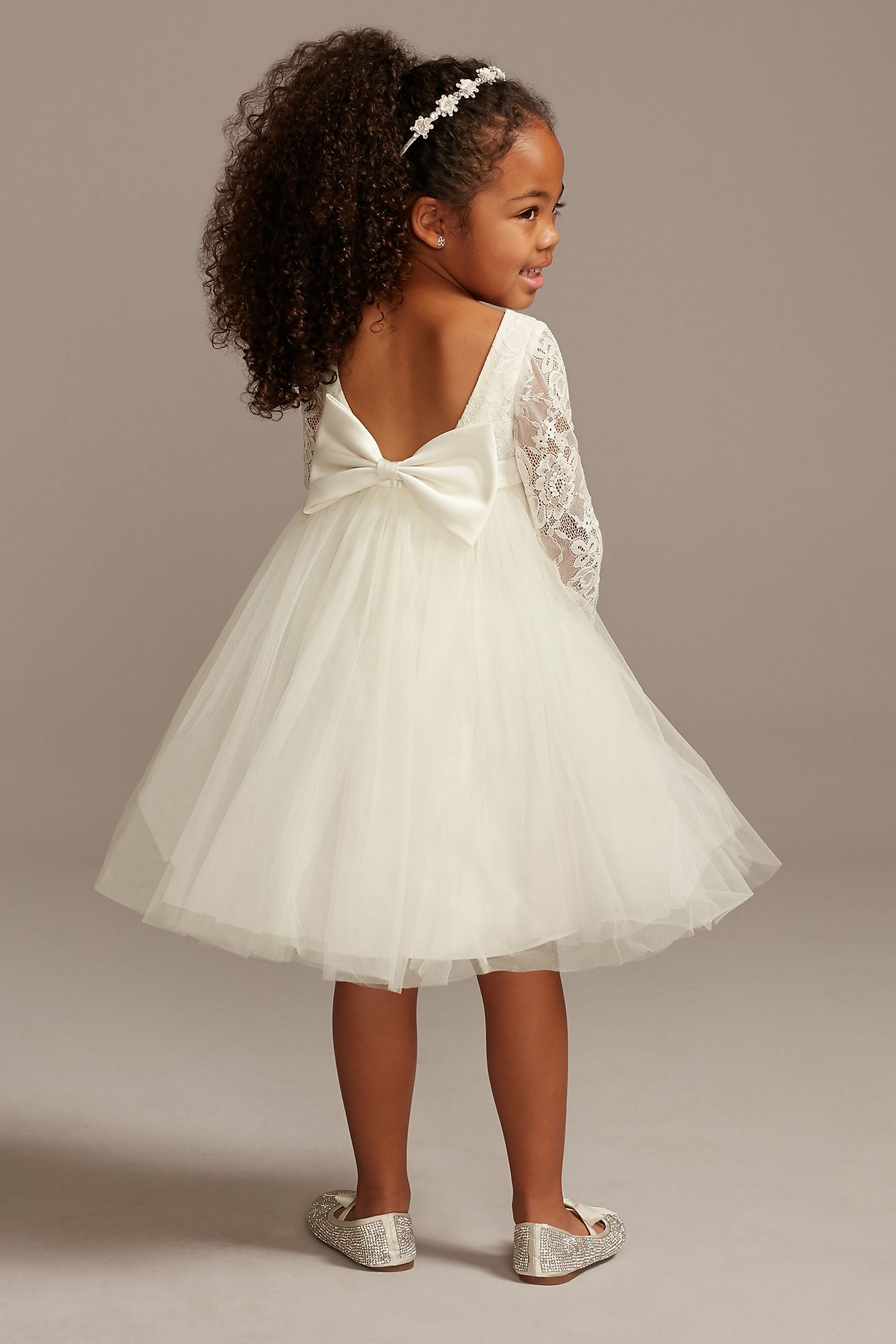 Long Illusion Lace Sleeves OP272 Flower Girl Dress with Bow
