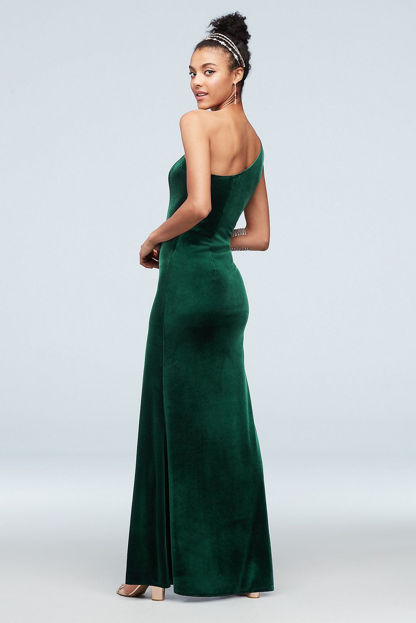 Elegant One Shoulder Long WBM1743V2 Velvet Dress with Skirt Slit