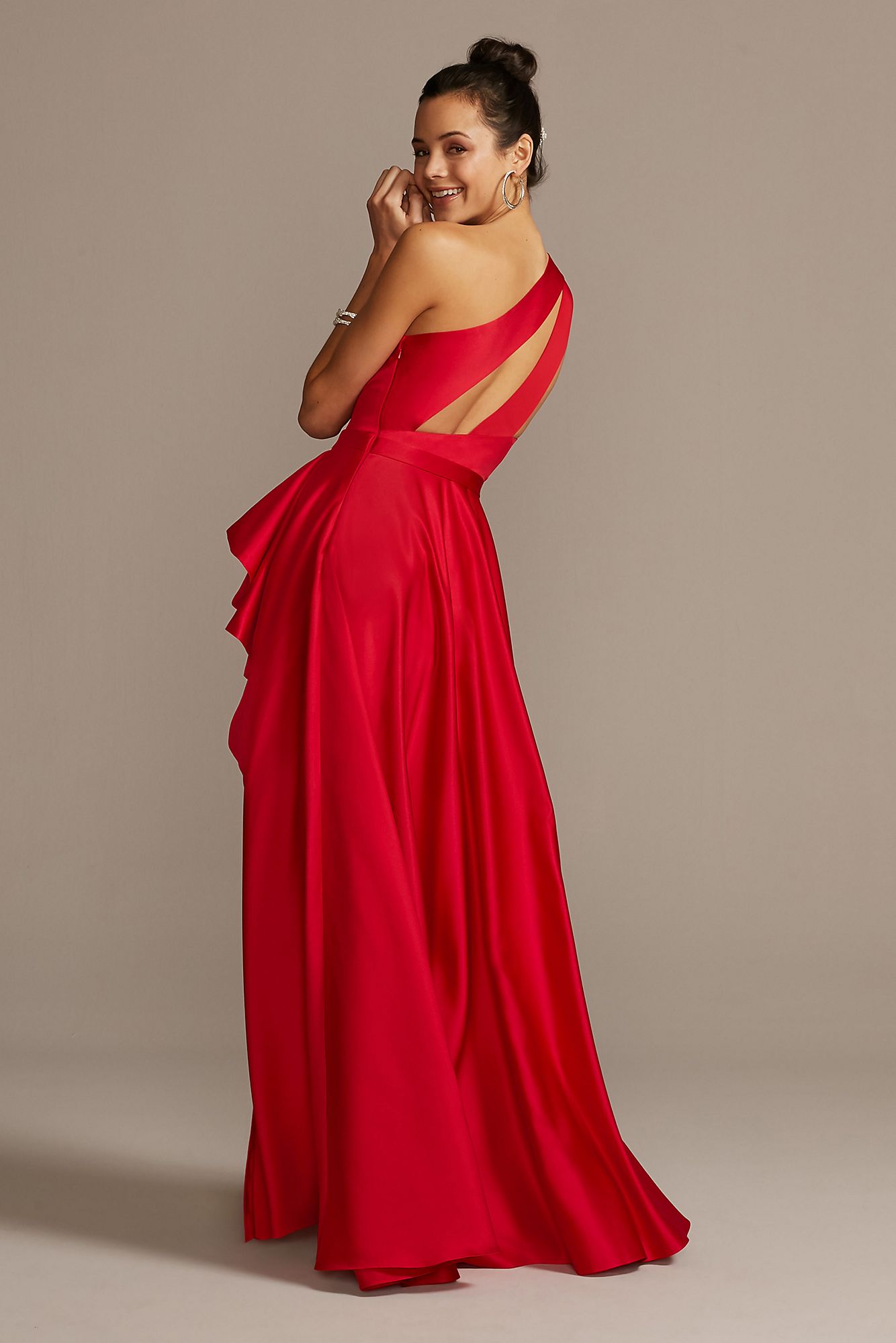 One Shoulder Asymmetric Satin Cascade Gown Style WBM1870