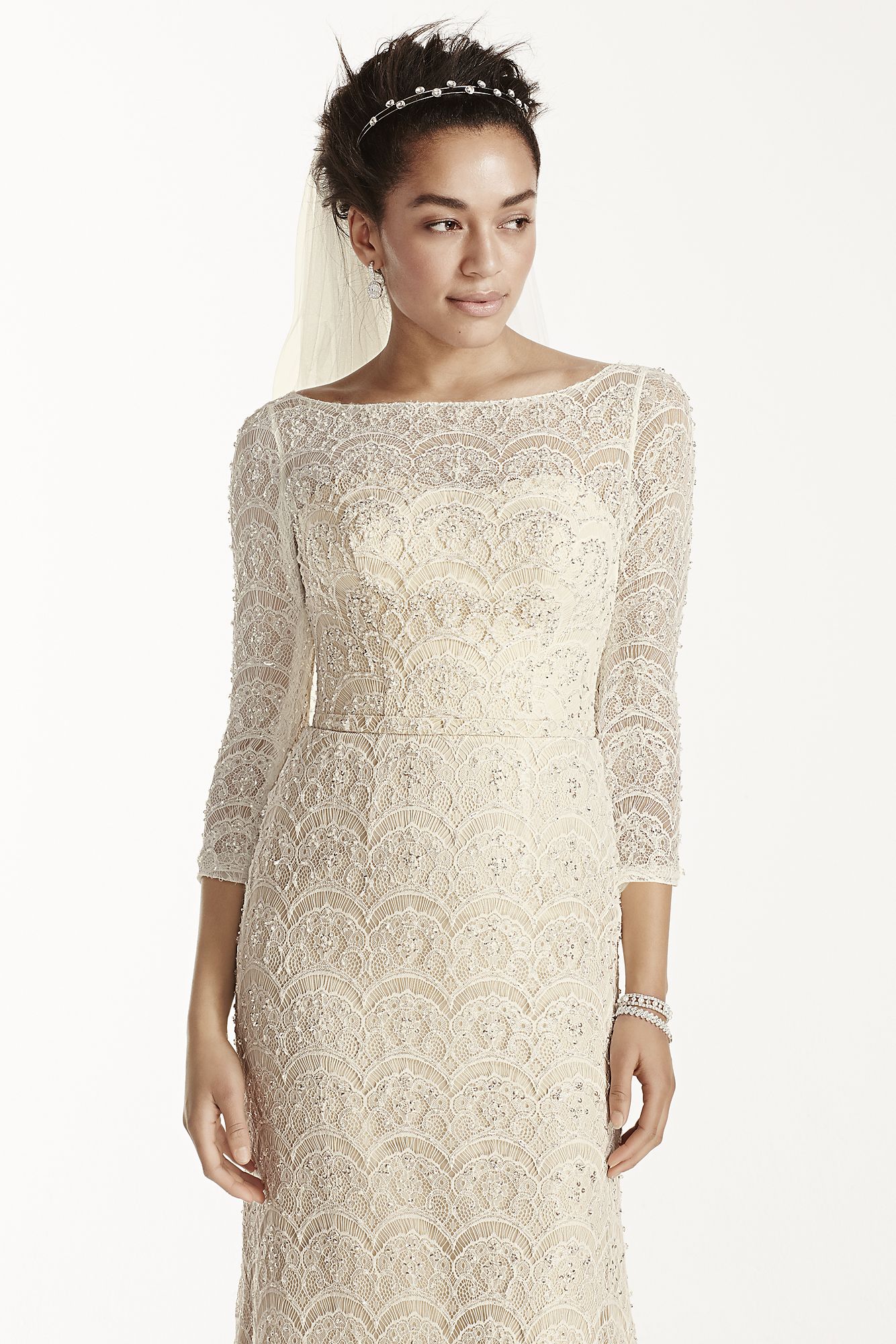 Beaded Lace 3/4 Sleeved Wedding Dress CWG711